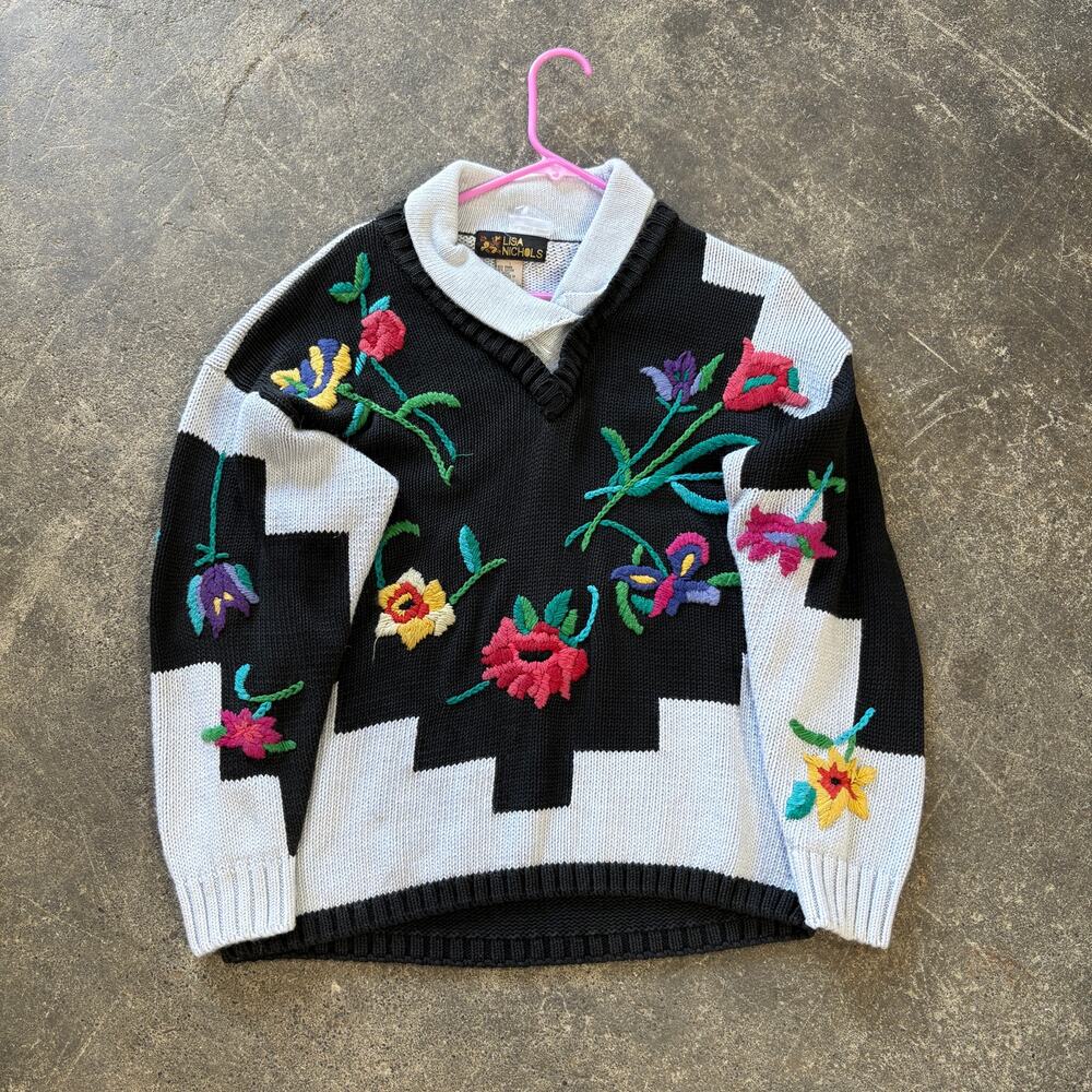 Vintage 90s Lisa Nichols Floral Knit Sweater Womens 1 Plus White Black Cottage